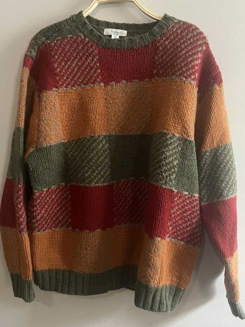 Turnbury LambsWool Vintage Sweater Patchwork Fall colors L Men’s